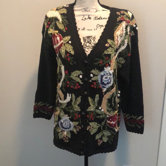 Vintage Tiara Knit Holiday Cardigan Sweater Button Front Ribbon Beads Large L - Picture 2 of 16